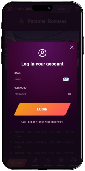 Ricky Casino app screen login