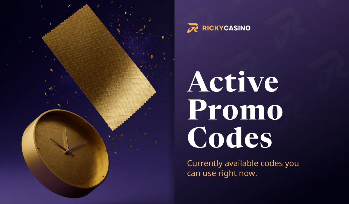Ricky Casino active promo codes visual with gold ticket and clock symbolizing currently available offers