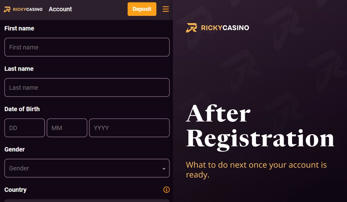 Ricky Casino after registration page showing completed account form and next steps