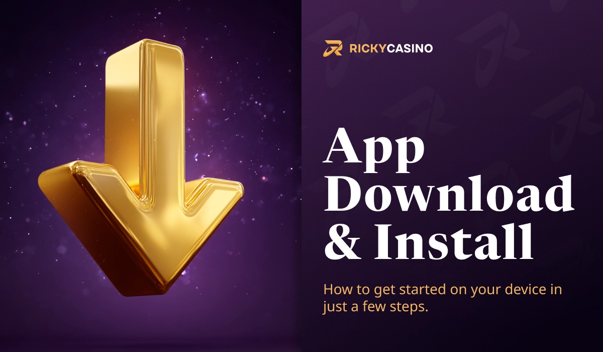 Ricky Casino app download and install illustration with large gold arrow on dark casino background