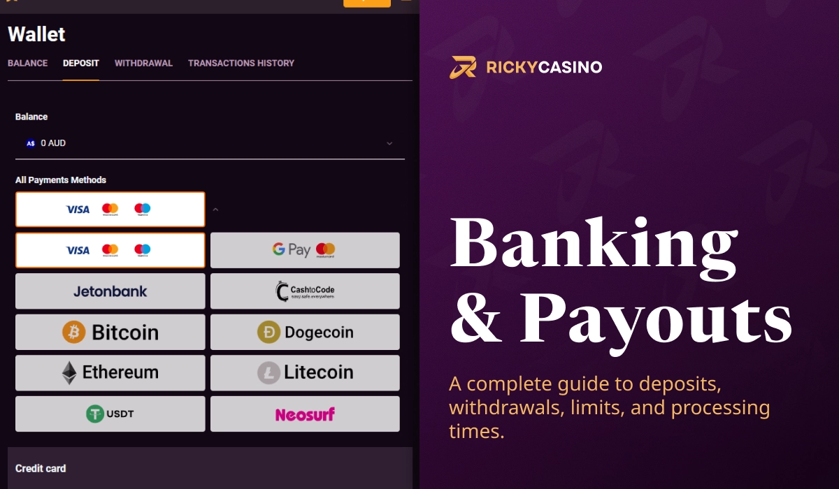 Ricky Casino banking and payouts page with supported payment methods, wallet interface and withdrawal options