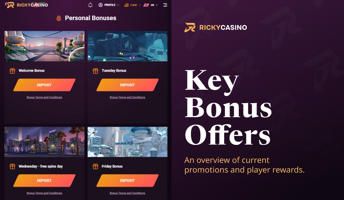 Ricky Casino key bonus offers section showing multiple promotions and player reward options