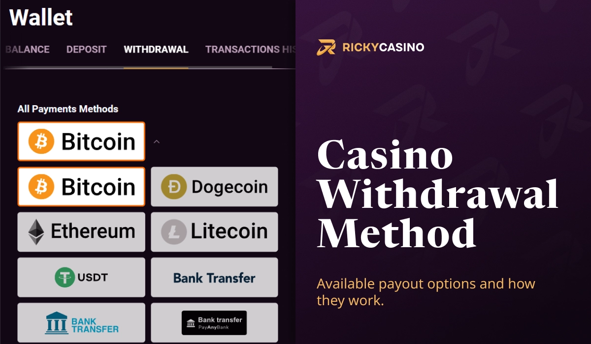 Ricky Casino withdrawal methods page showing wallet interface with Bitcoin, Ethereum and other payment options