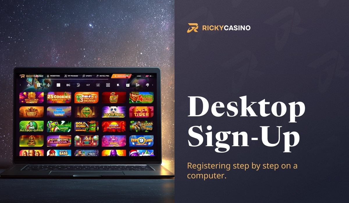 Ricky Casino desktop sign up page with casino games displayed on computer screen