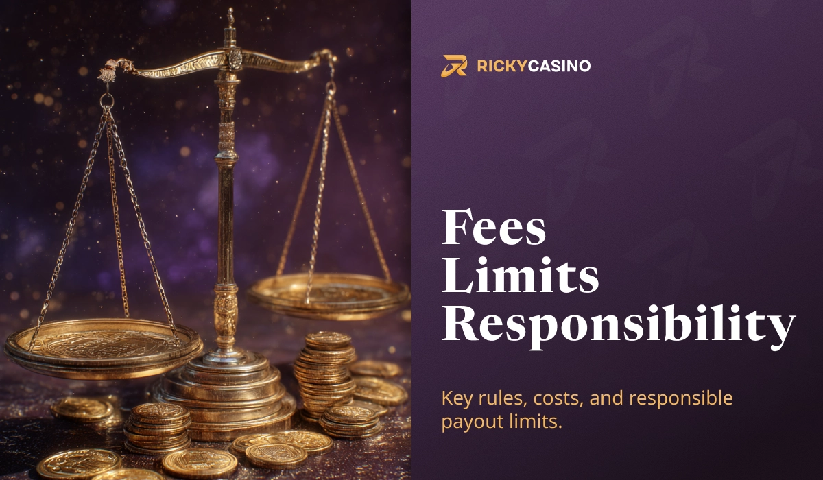 Ricky Casino fees limits and responsibility image with balance scales and stacked gold coins