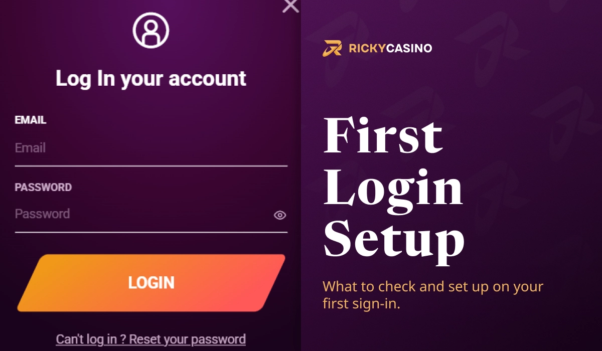 Ricky Casino first login setup screen with account login form and initial configuration