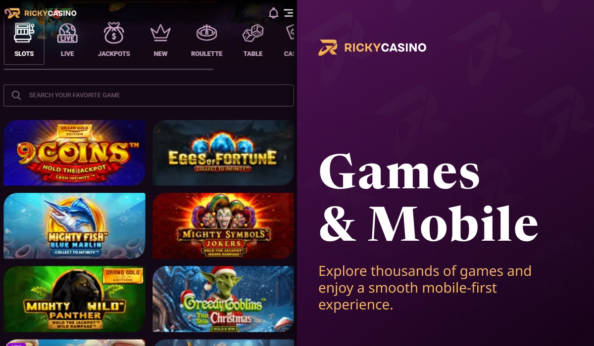 Ricky Casino games and mobile section displaying popular slots and mobile-friendly casino games