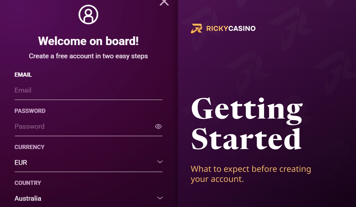 Getting started at Ricky Casino showing welcome screen and account registration form