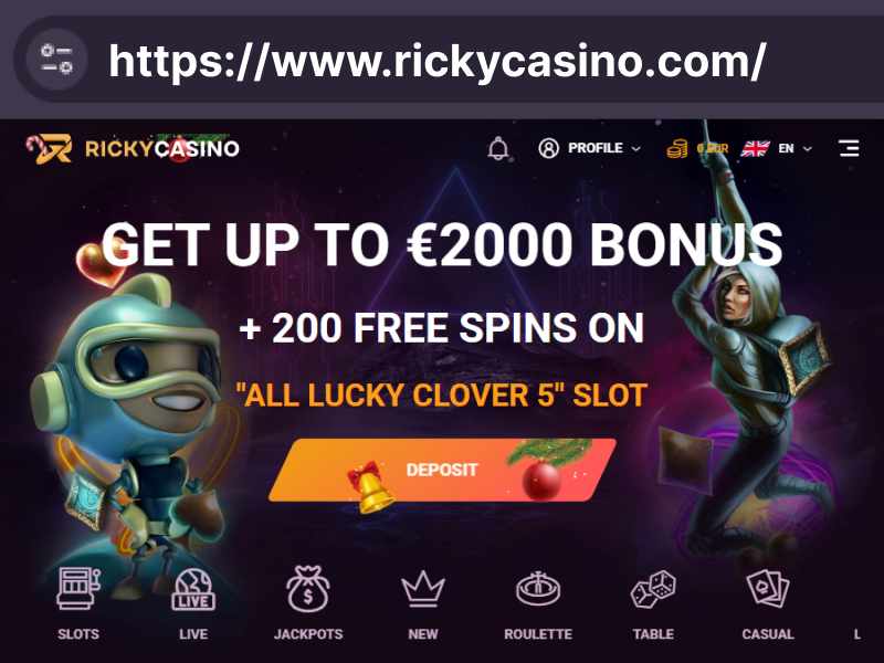Ricky Casino homepage showing login button for Australian players