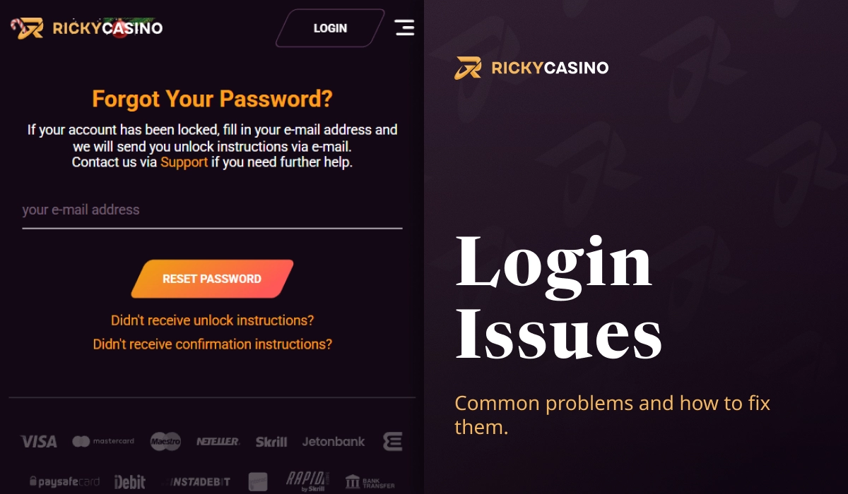 Ricky Casino login issues page showing password recovery screen and troubleshooting options