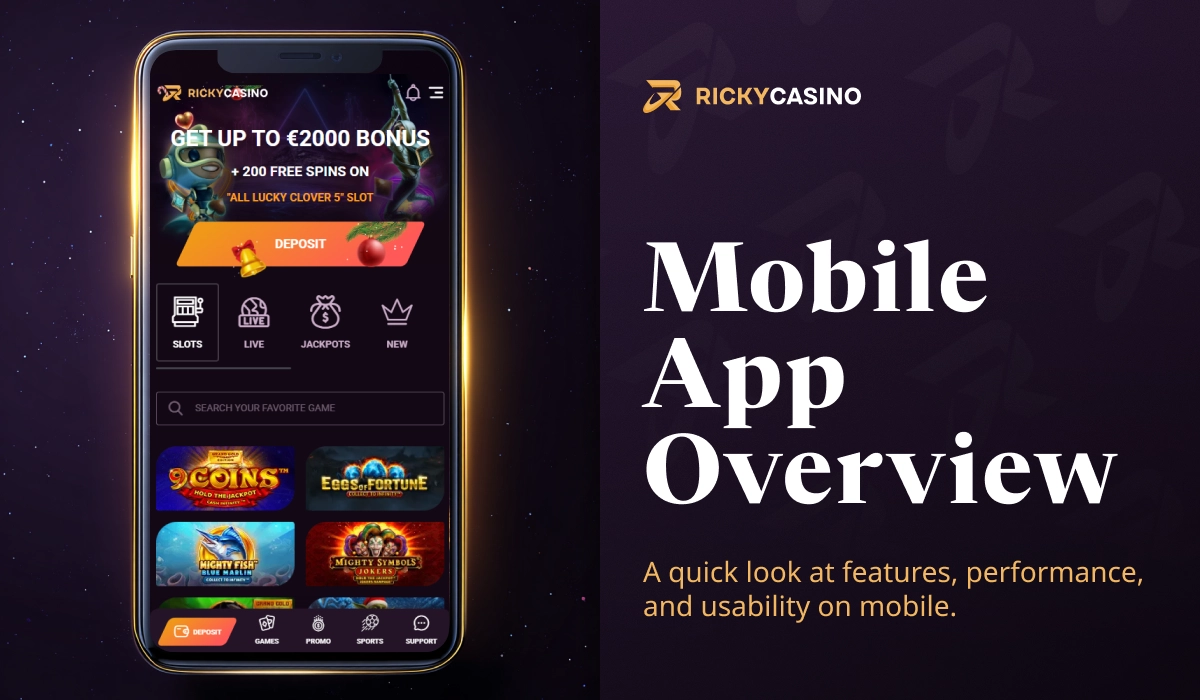 Ricky Casino mobile app overview with smartphone showing casino interface and mobile gameplay