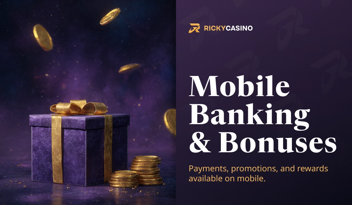 Ricky Casino mobile banking and bonuses image with gift box, gold coins and rewards on mobile