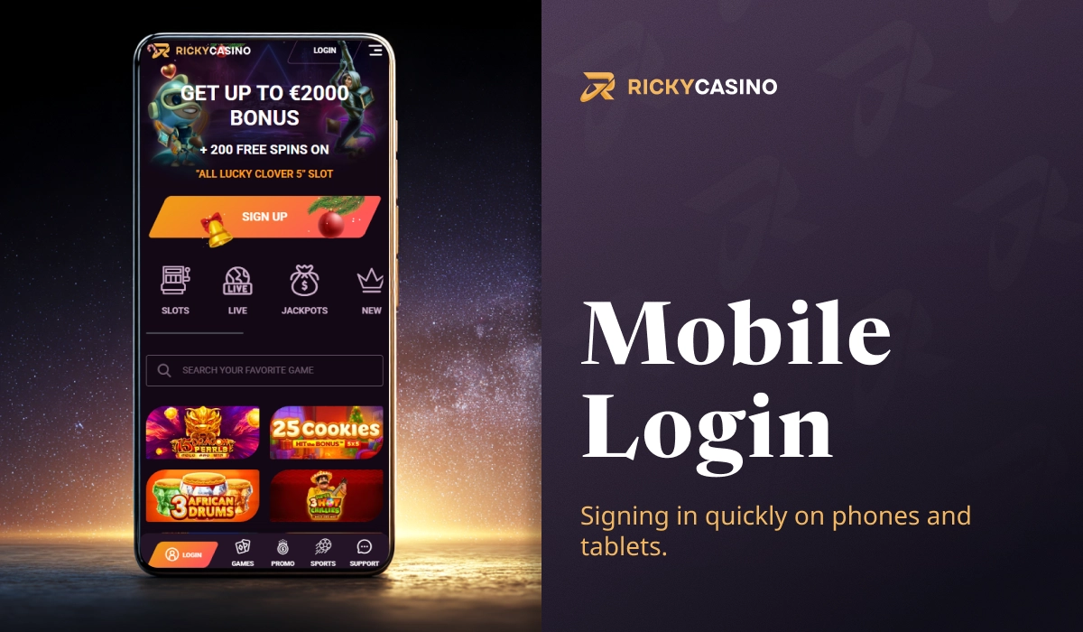 Ricky Casino mobile login screen with smartphone displaying casino app interface