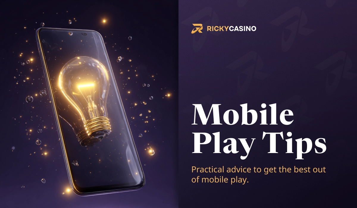 Ricky Casino mobile play tips visual with smartphone and glowing light bulb representing gameplay advice