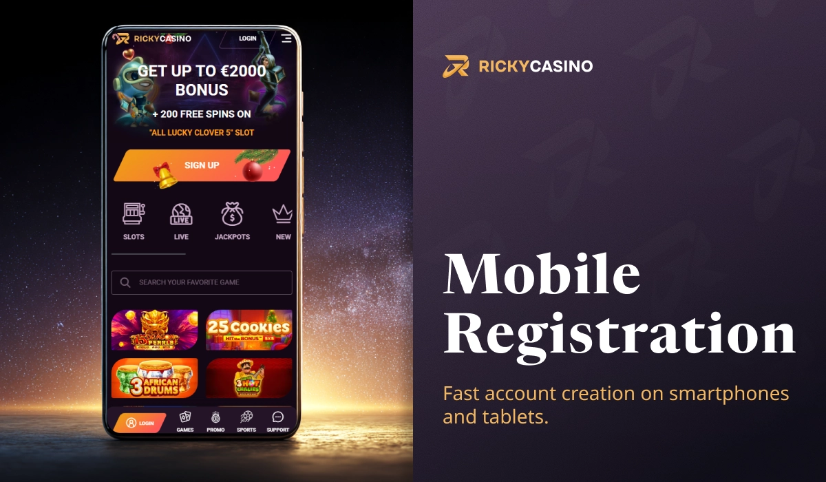 Ricky Casino mobile registration illustration with smartphone showing sign up screen