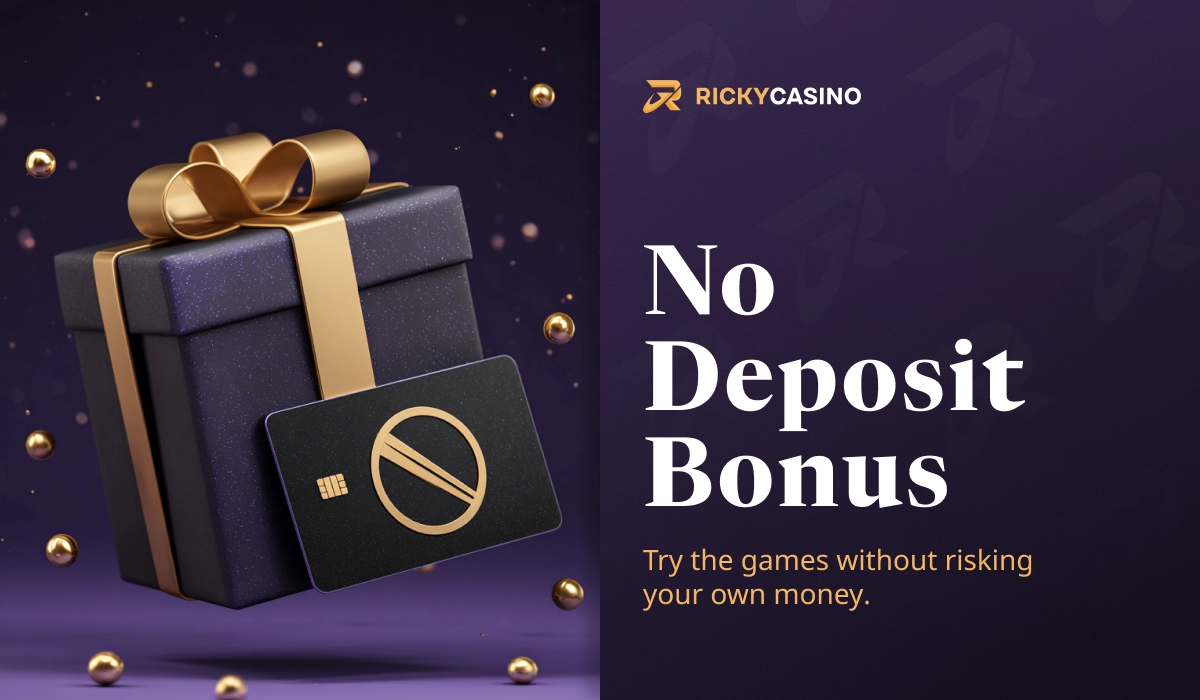Ricky Casino no deposit bonus image with gift box and casino symbols representing free bonus offer