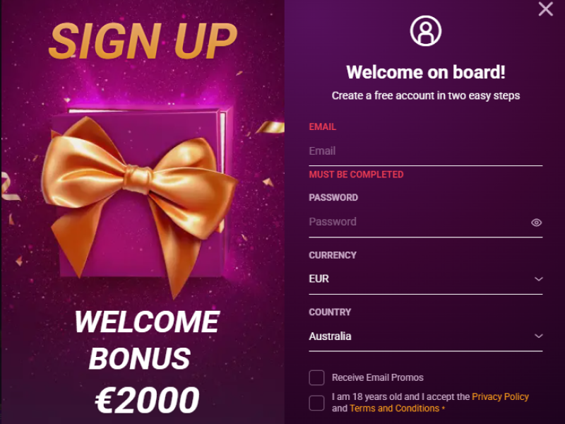 Ricky Casino sign up screen showing no deposit bonus offer for Australian players