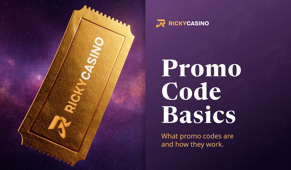 Ricky Casino promo code basics image with gold ticket labeled Ricky Casino on purple background