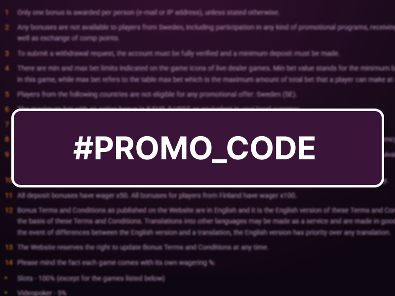 Ricky Casino promo code displayed from promotions page or email offer