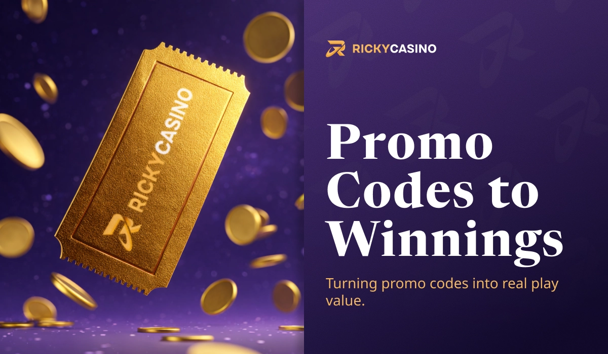 Ricky Casino promo codes to winnings image with gold ticket and falling coins representing real payouts