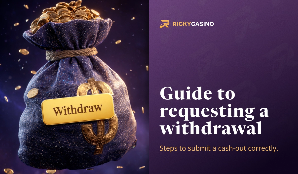 Ricky Casino guide to requesting a withdrawal with money bag and gold Withdraw button