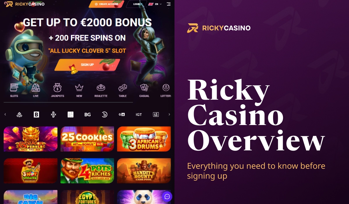 Ricky Casino overview page with colorful slot games, casino interface and welcome bonus highlights
