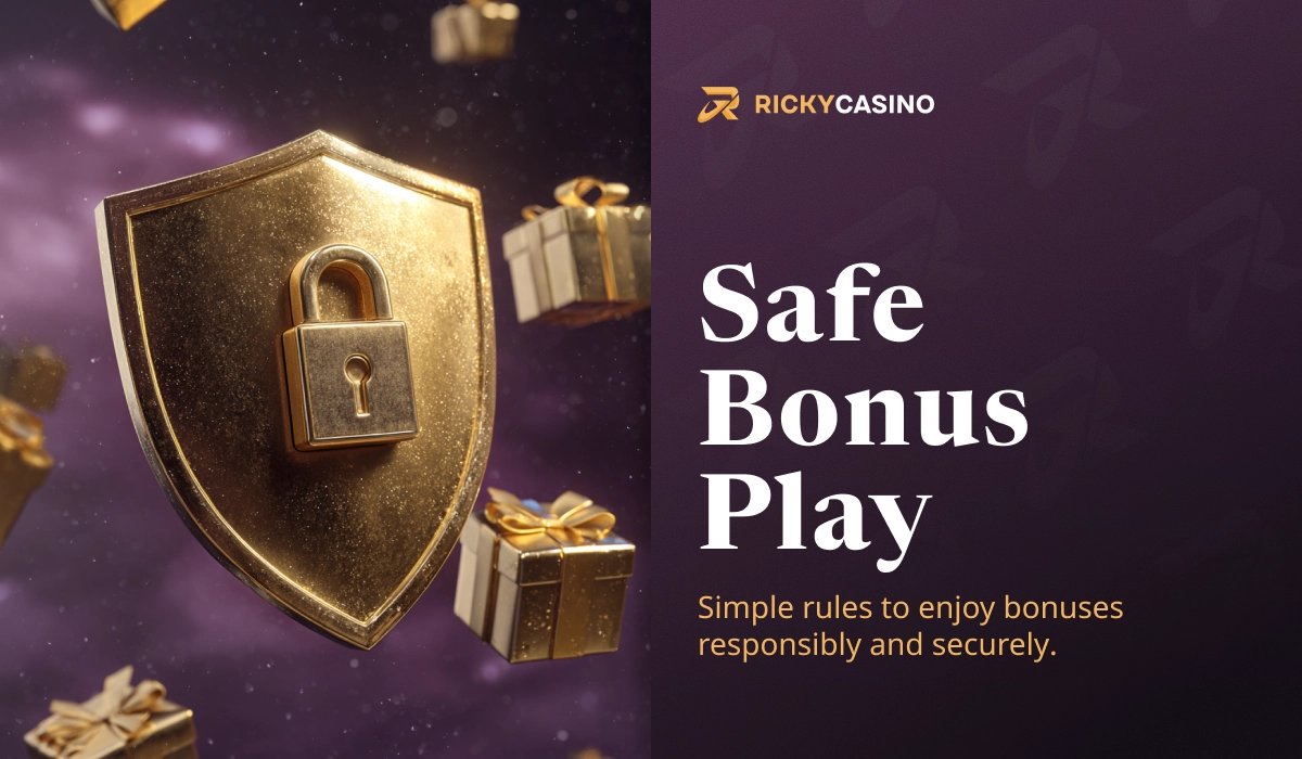 Ricky Casino safe bonus play illustration with golden shield and lock symbolizing secure gameplay