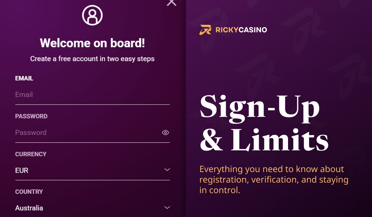 Ricky Casino sign up and limits screen showing registration form, account fields and verification steps