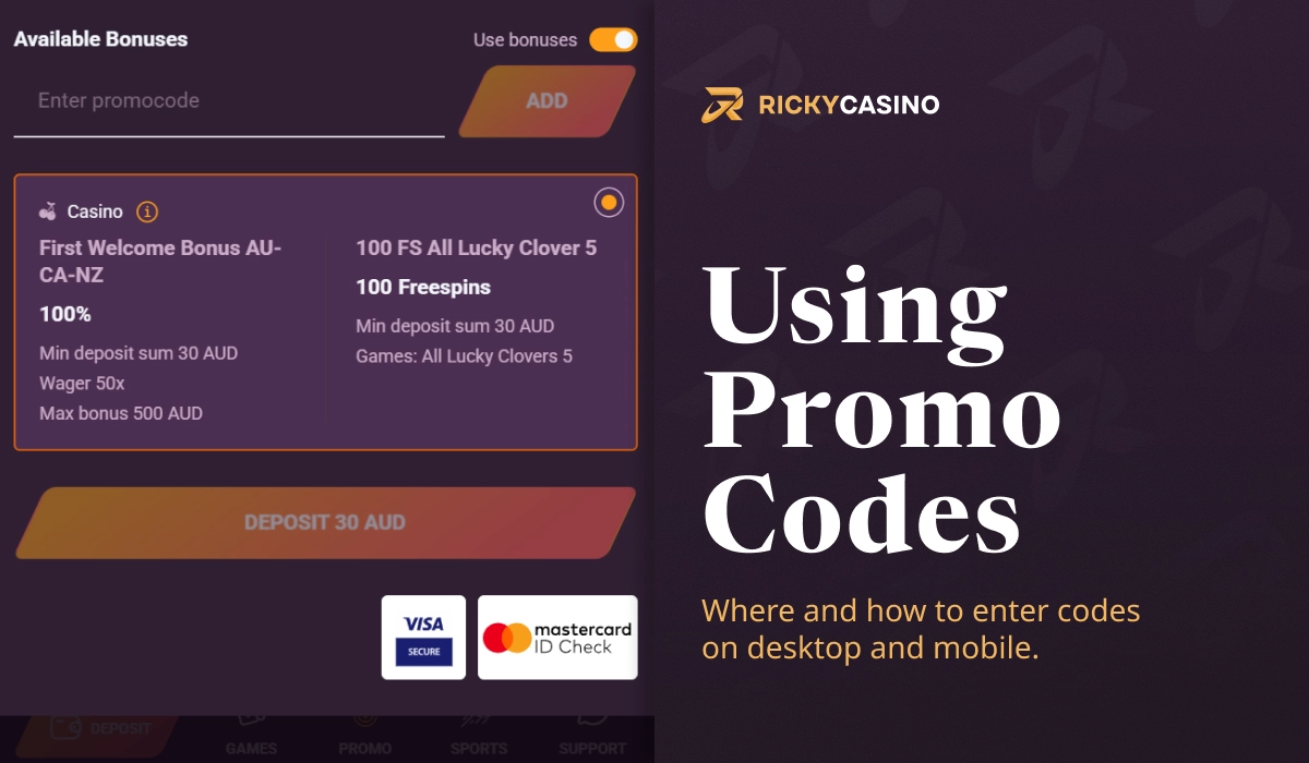 Using Ricky Casino promo codes screen showing code entry field, bonus selection and payment methods