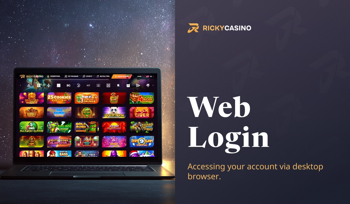 Ricky Casino web login page showing casino games interface accessed via desktop browser