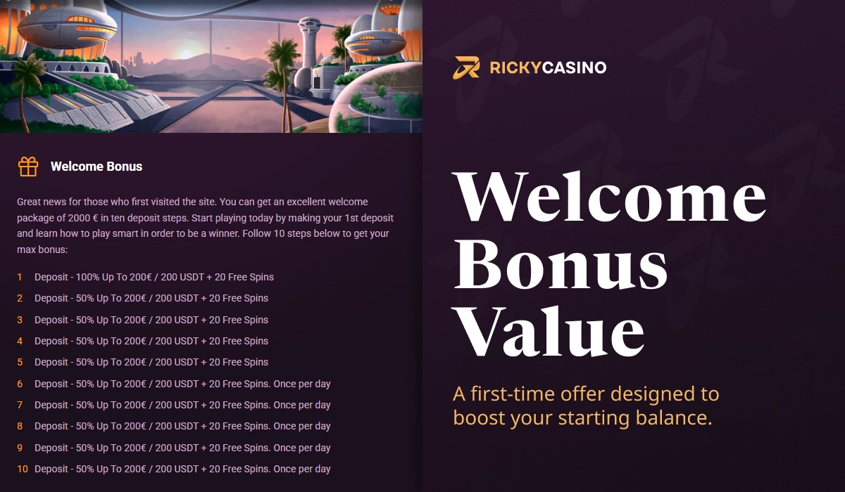 Ricky Casino welcome bonus value page showing bonus details, payout table and first deposit rewards