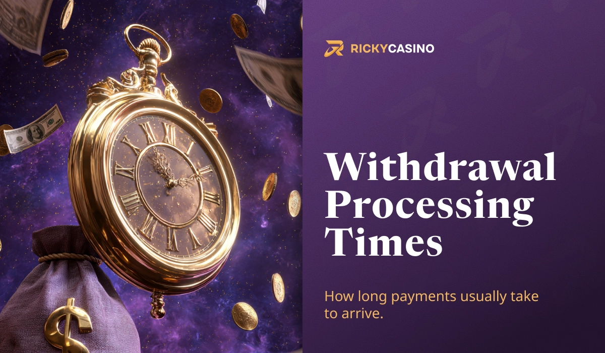 Ricky Casino withdrawal processing times illustration with gold pocket watch and falling coins