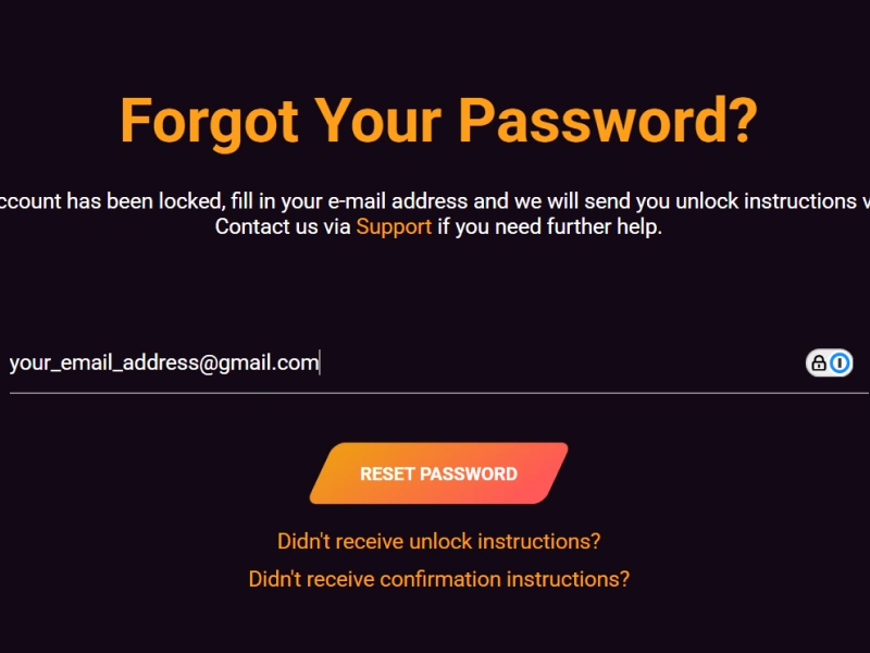 Entering registered email to reset Ricky Casino account password