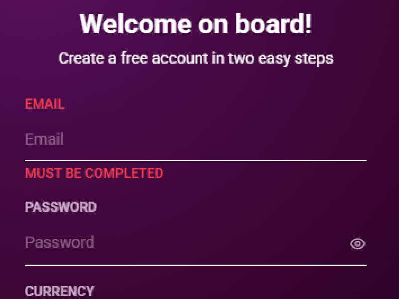 Ricky Casino registration form with email and password fields