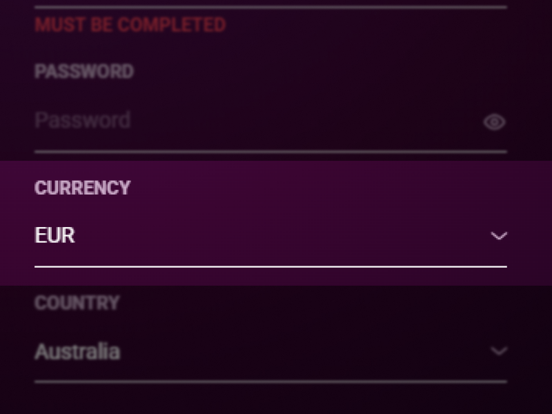Choosing Australian dollars as account currency during Ricky Casino registration