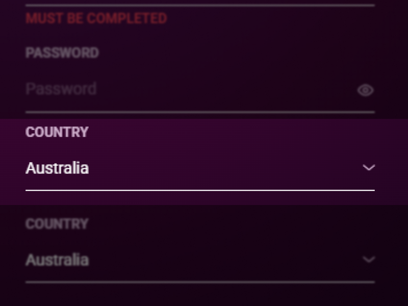 Selecting Australia as country of residence on Ricky Casino sign up form