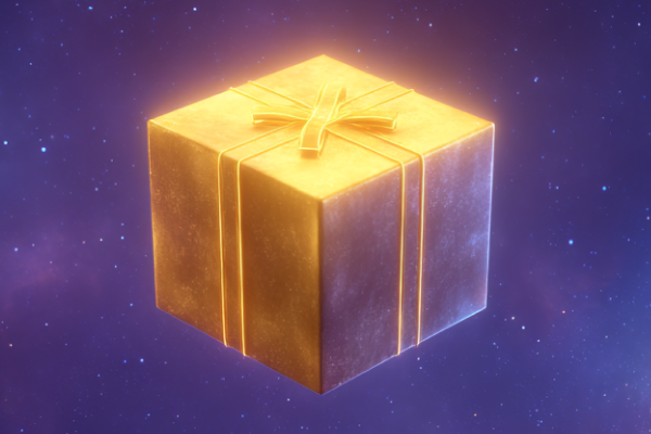 Ricky Casino welcome bonus gift box with golden glow, casino signup bonus for new players