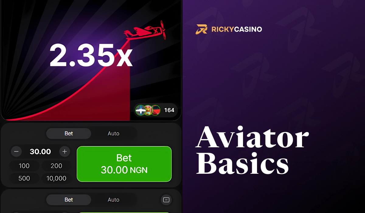 Aviator game interface at Ricky Casino showing rising 2.35x multiplier and green Bet button on dark screen