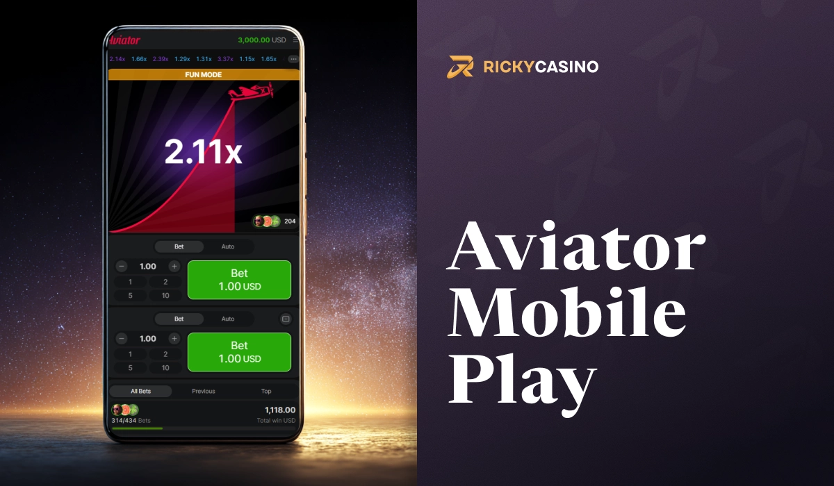 Smartphone displaying Aviator mobile gameplay with live multiplier and betting options at Ricky Casino
