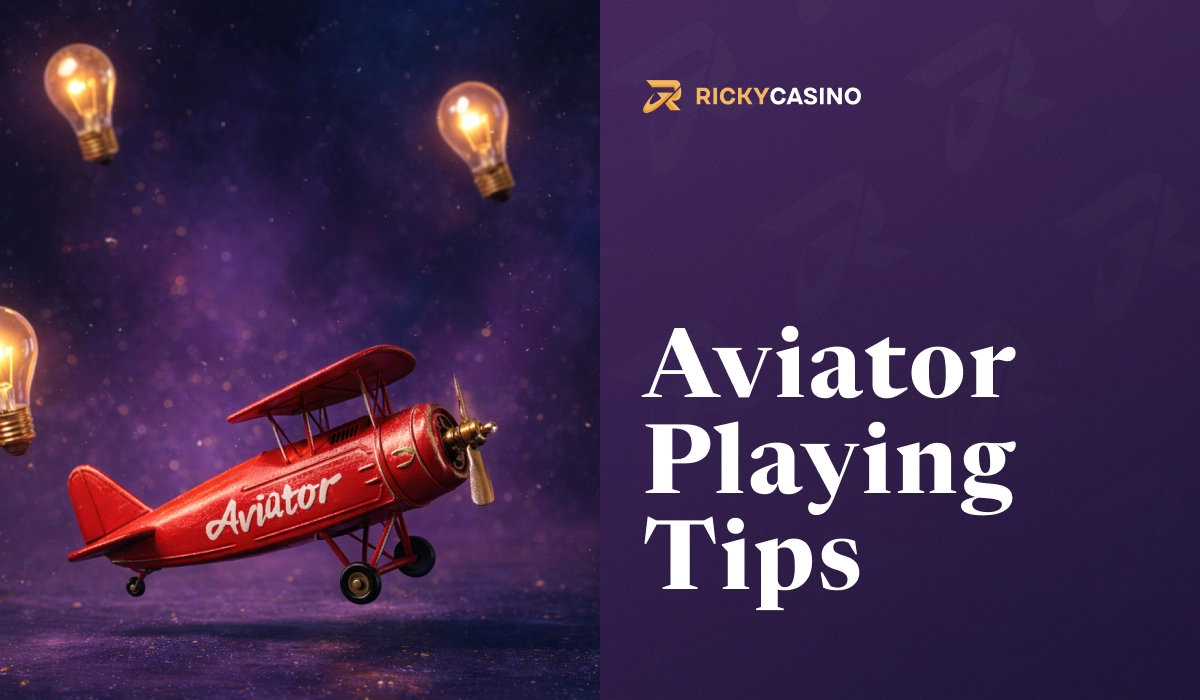Red Aviator plane illustration with glowing light bulbs and Aviator Playing Tips title