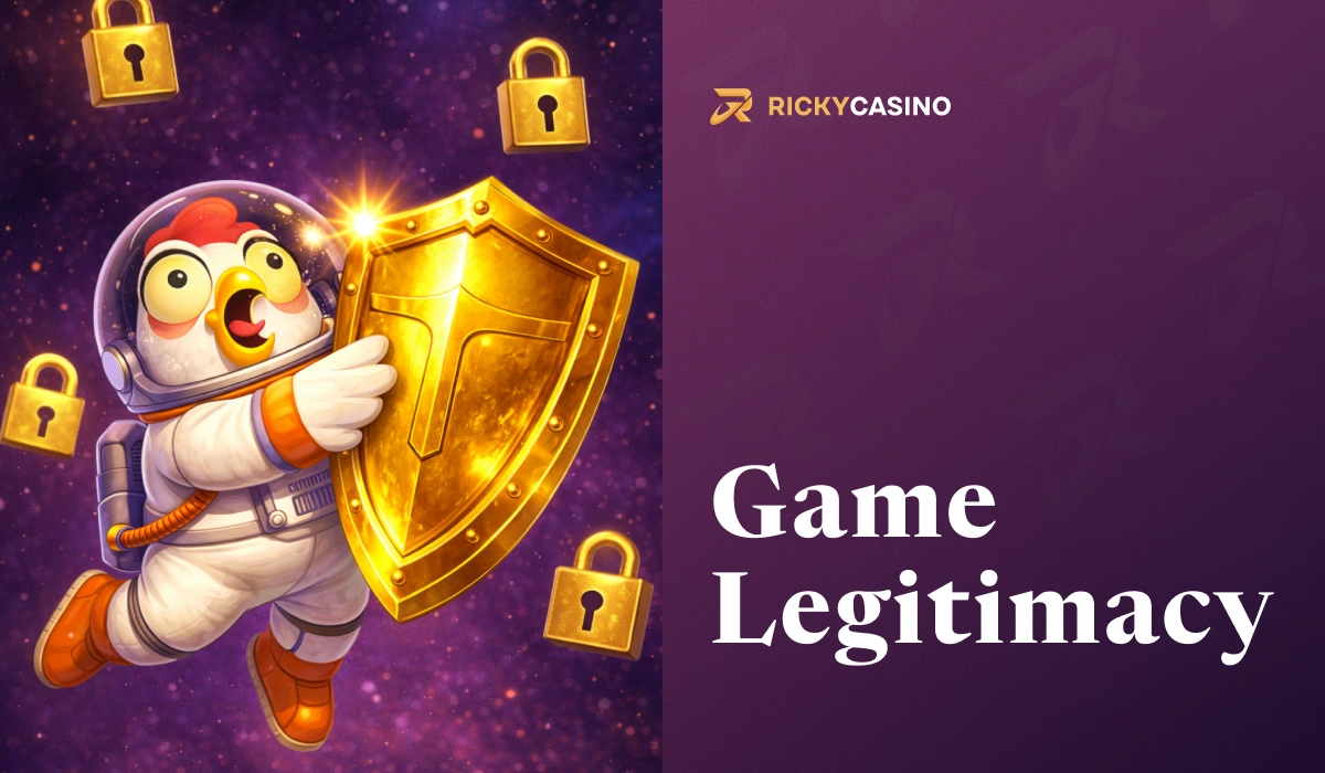 Game Legitimacy banner featuring Chicken astronaut holding shield with Ricky Casino branding