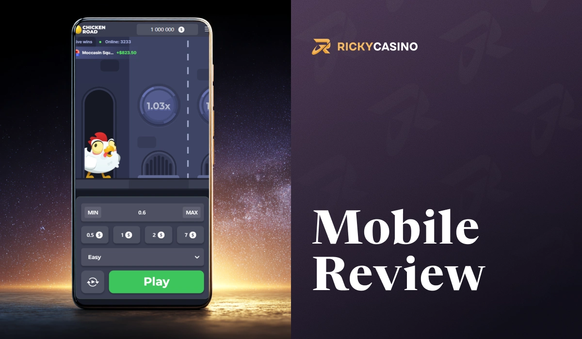 Mobile Review screen showing Chicken Road game interface on smartphone at Ricky Casino