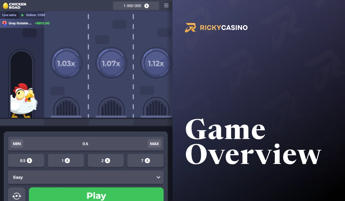 Chicken Road game overview screen at Ricky Casino showing cartoon chicken and multiplier bubbles