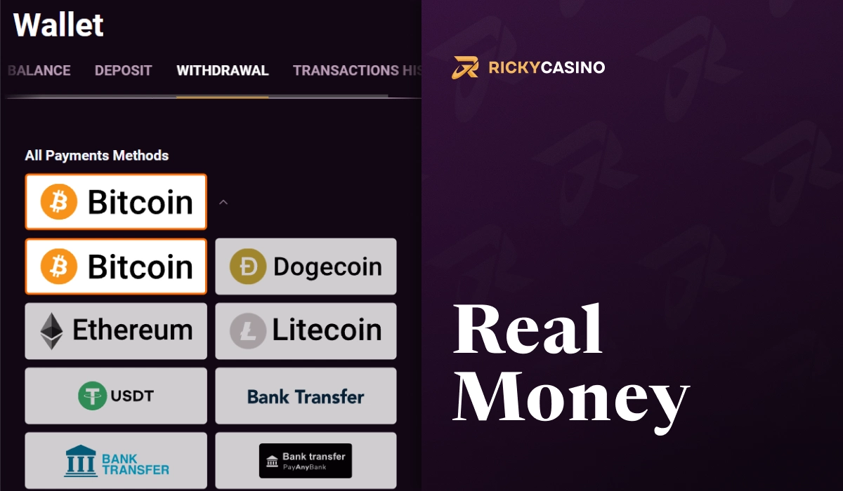 Ricky Casino wallet page showing Bitcoin, Ethereum, Dogecoin and other payment methods for real money play