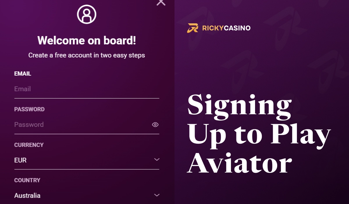 Ricky Casino sign up form with email, password, currency and country fields on welcome screen
