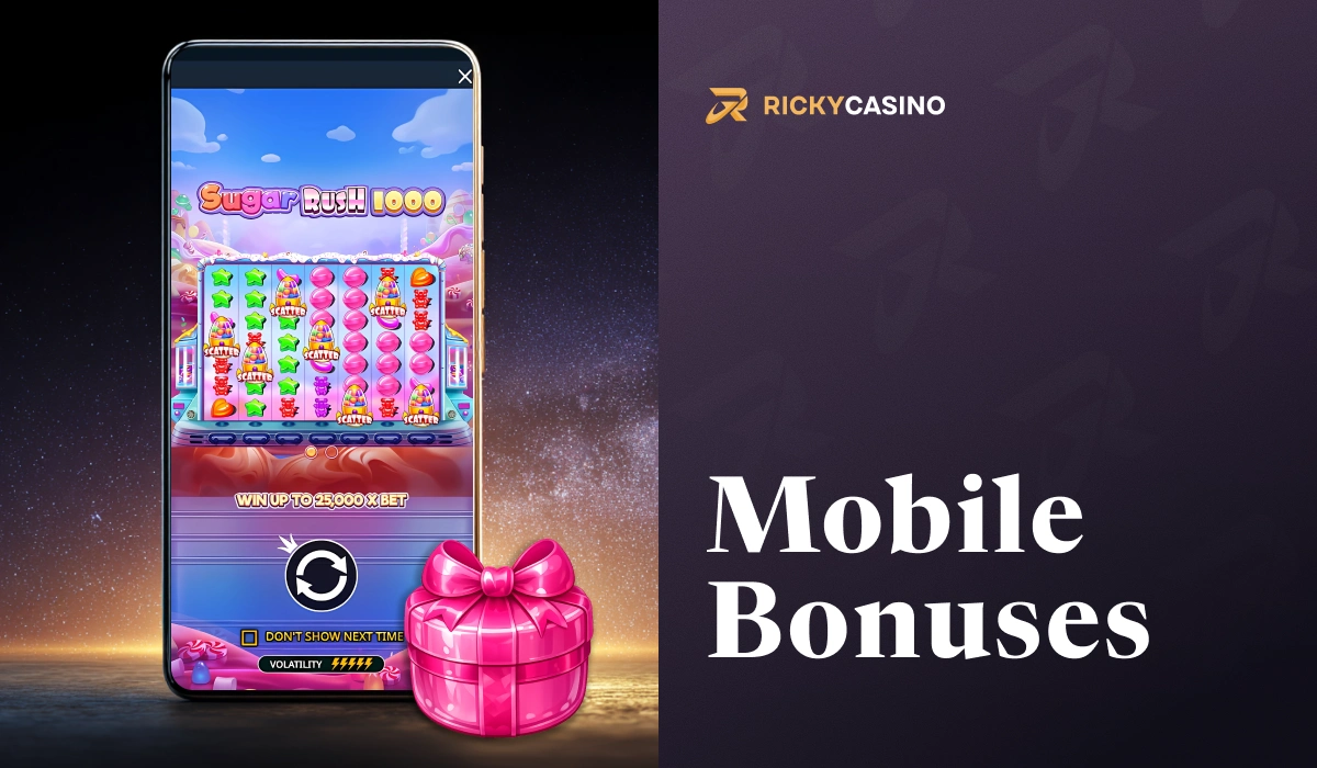 Sugar Rush mobile bonuses banner with smartphone display and pink gift box on dark background