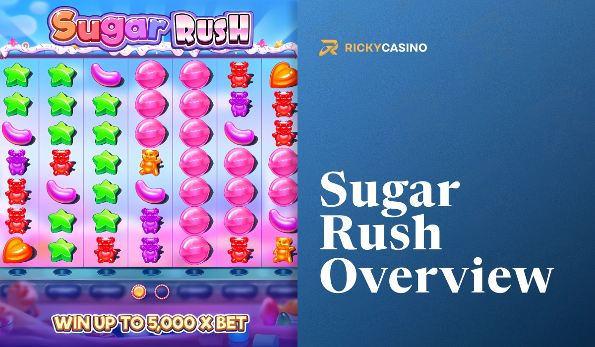 Sugar Rush slot overview with colorful candy grid and win up to 5000x bet text at Ricky Casino